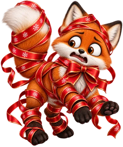 Cute Cartoon Fox Tangled In Christmas Ribbon