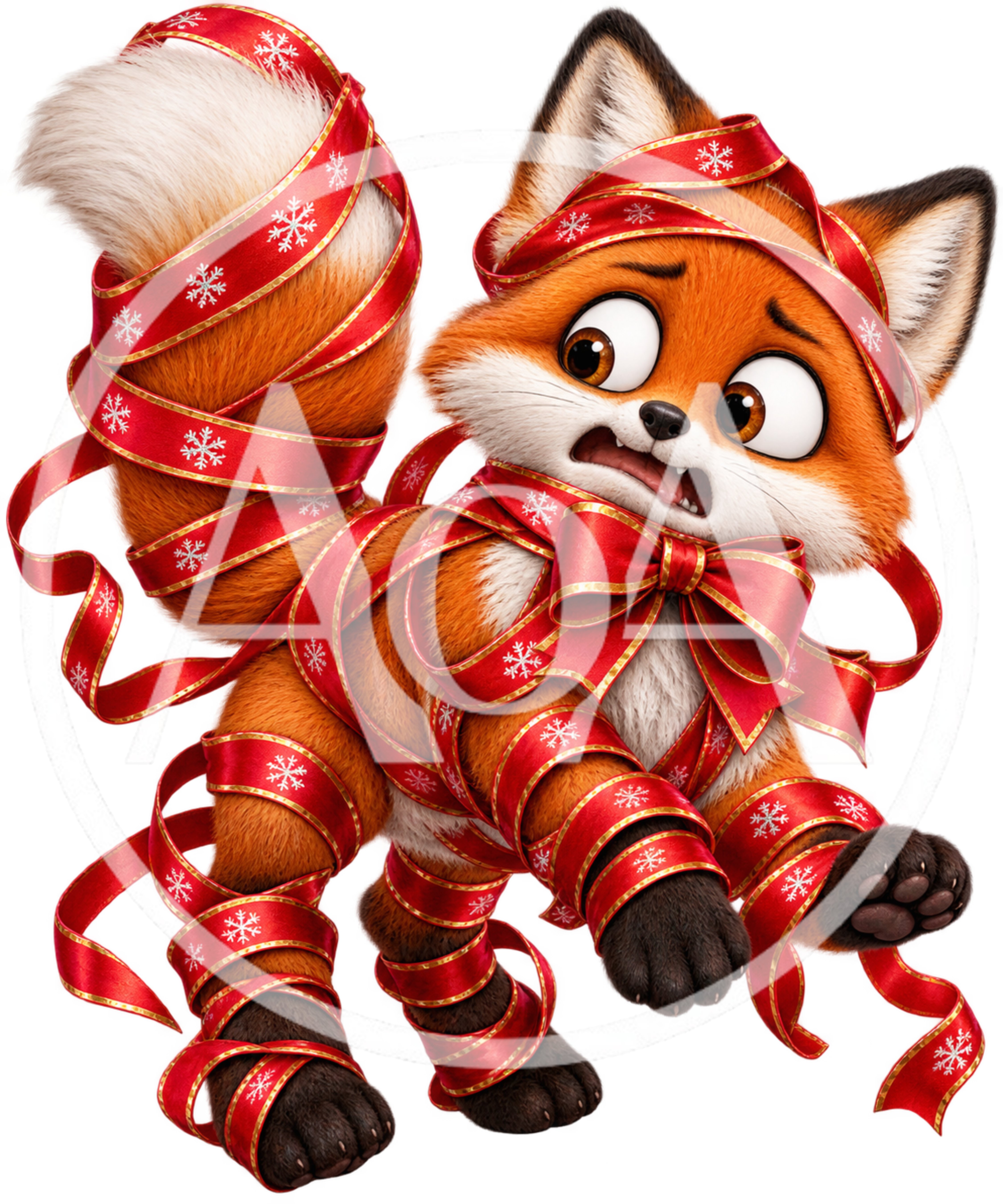 Cute Cartoon Fox Tangled In Christmas Ribbon