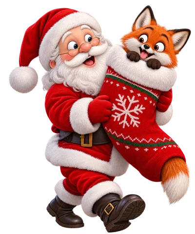 Santa Claus Holding A Cute Fox In A Christmas Stocking