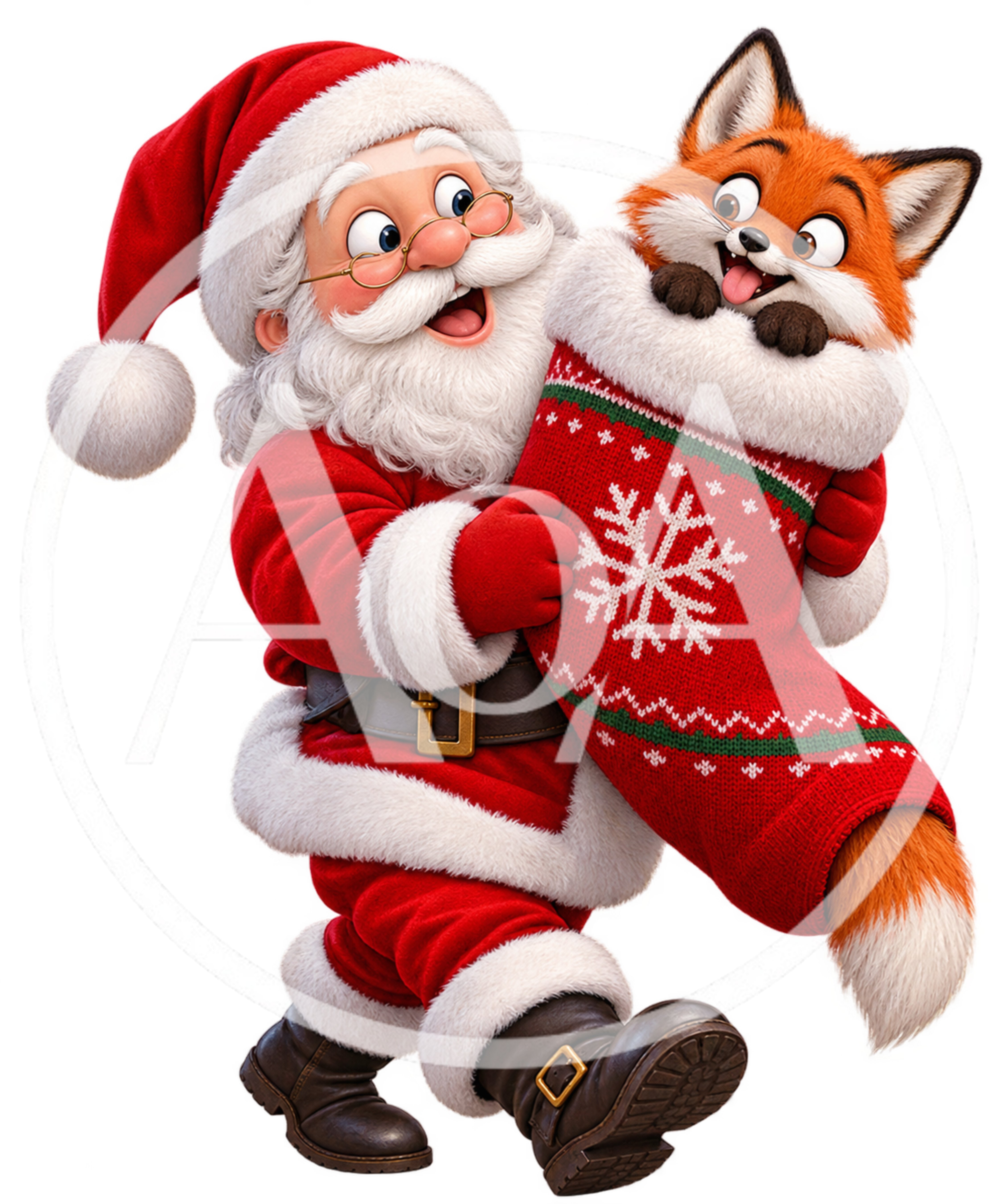 Santa Claus Holding A Cute Fox In A Christmas Stocking