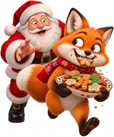 Santa Claus And A Cute Fox Eating Christmas Cookies