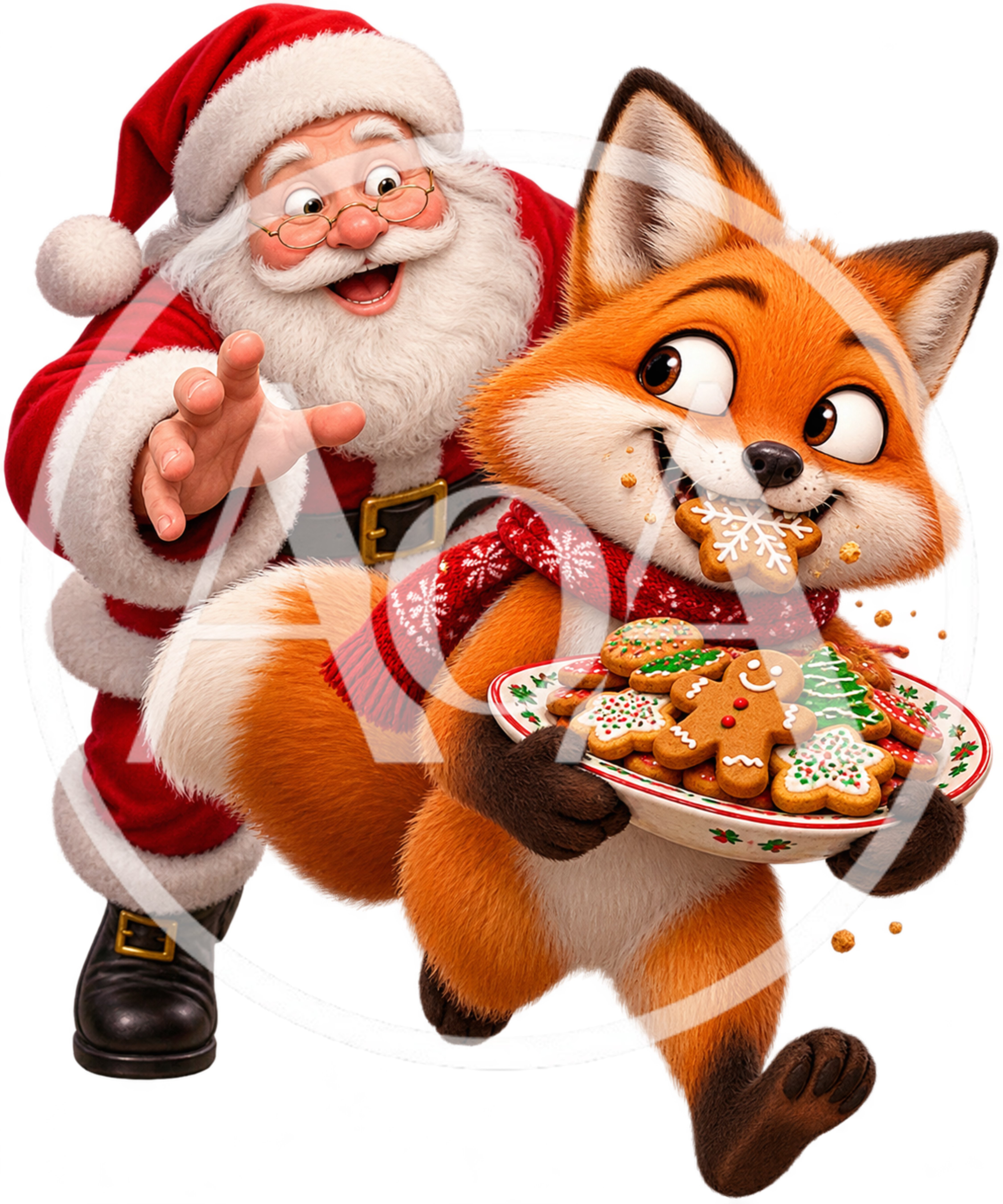 Santa Claus And A Cute Fox Eating Christmas Cookies