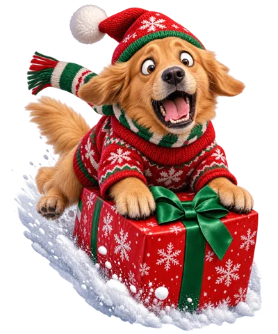Golden Retriever Puppy Wearing Christmas Sweater Sliding On Gift