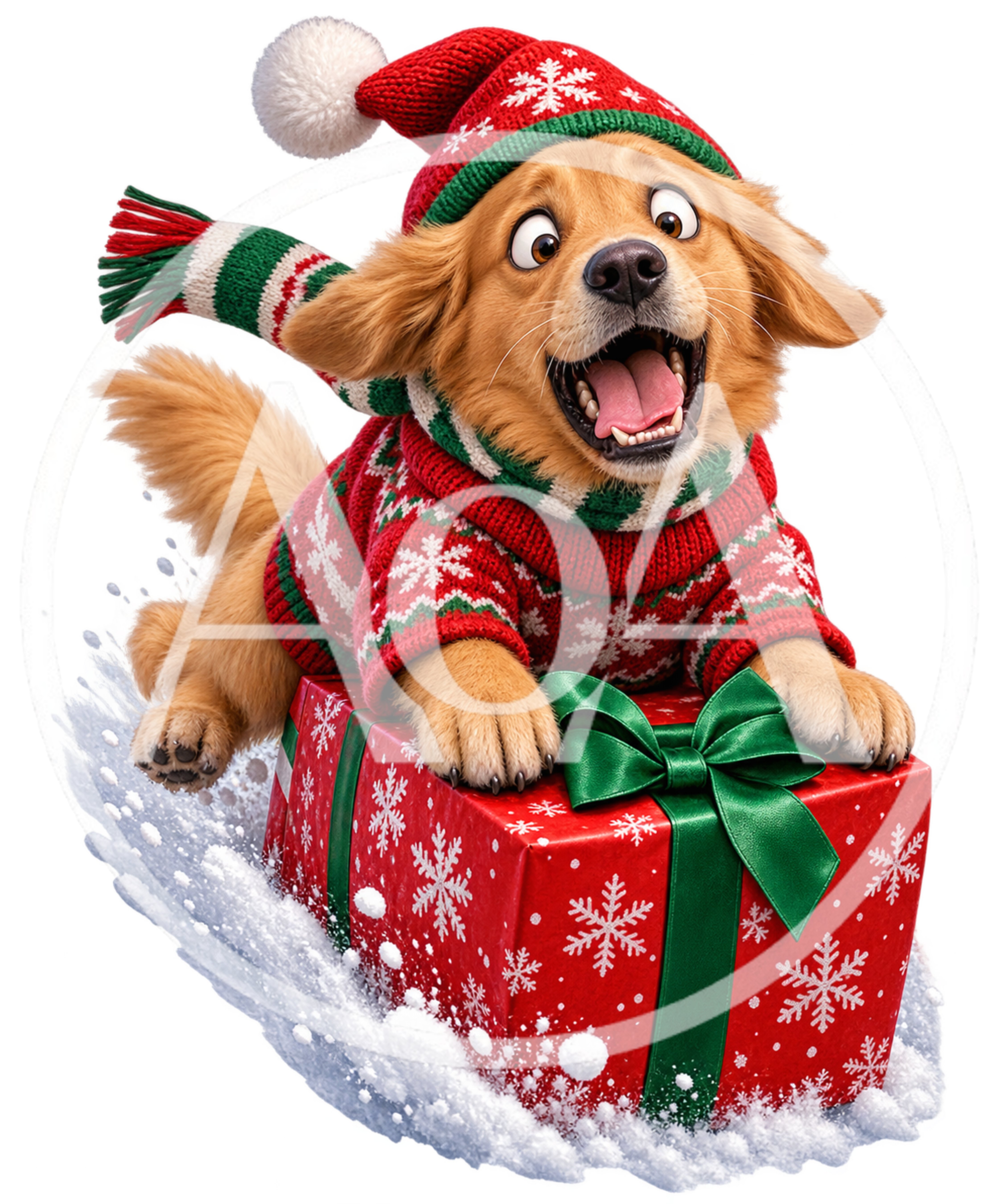 Golden Retriever Puppy Wearing Christmas Sweater Sliding On Gift