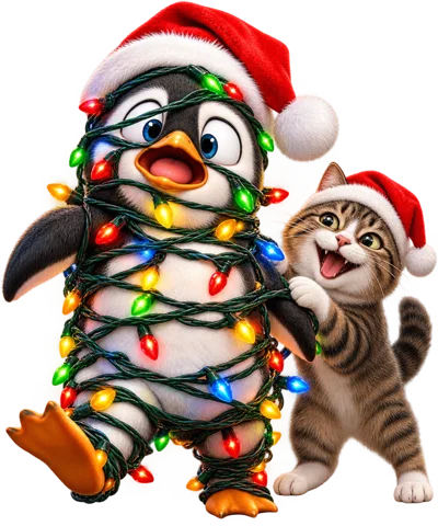 Cute Penguin And Tabby Kitten Wrapped In Christmas Lights