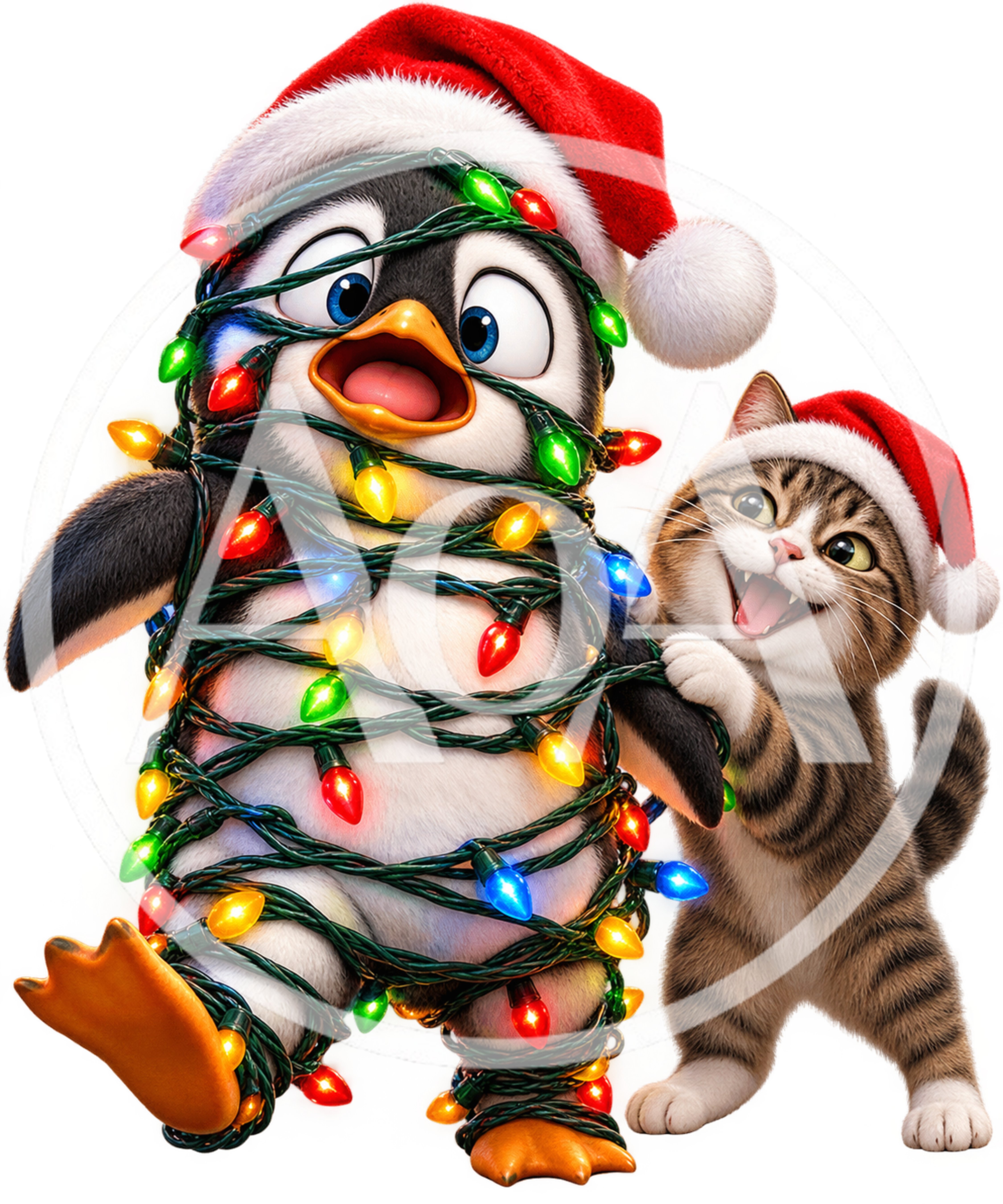 Cute Penguin And Tabby Kitten Wrapped In Christmas Lights