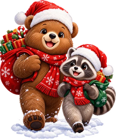 Cute Teddy Bear and Raccoon Carrying Christmas Gifts