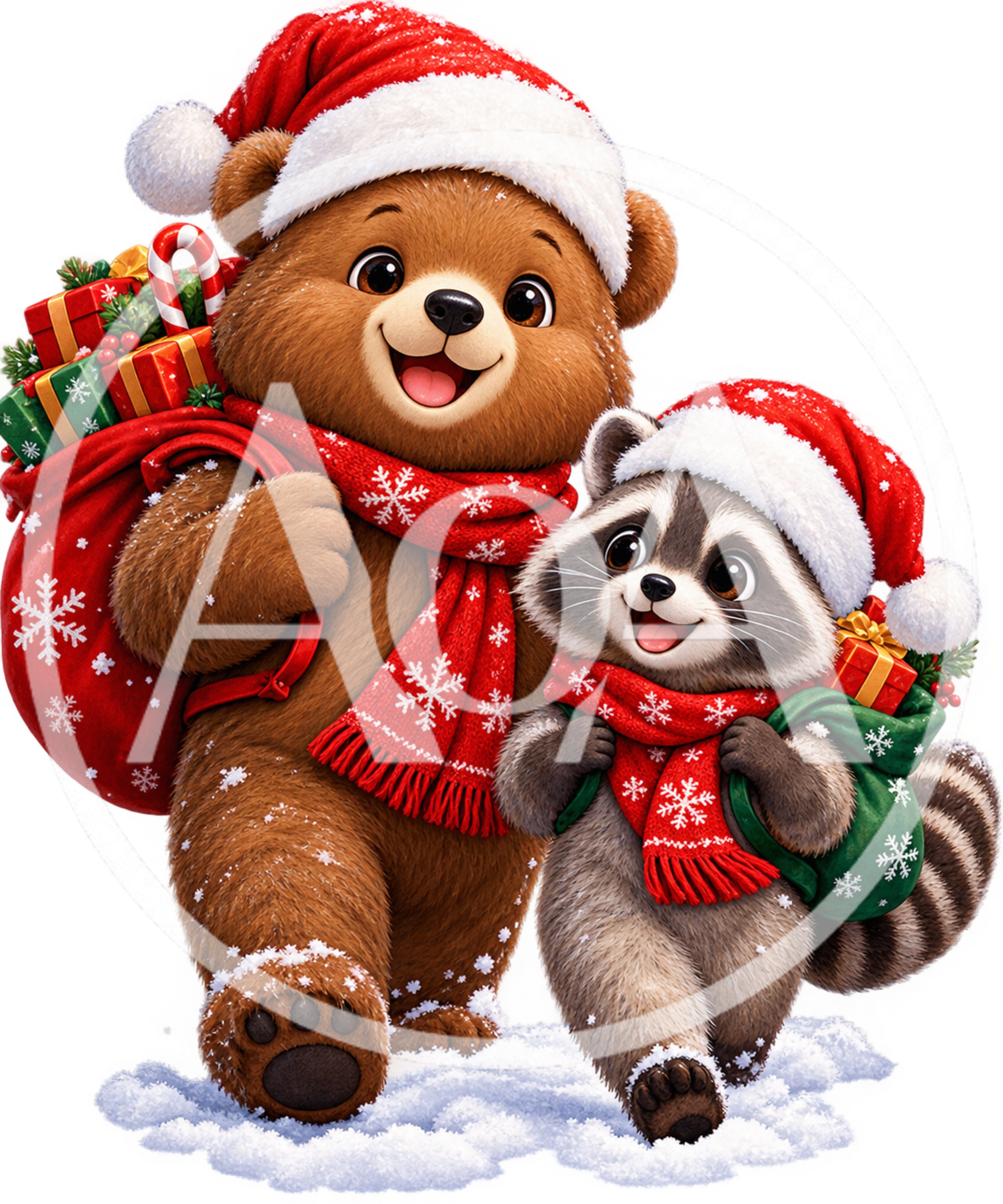 Cute Teddy Bear and Raccoon Carrying Christmas Gifts
