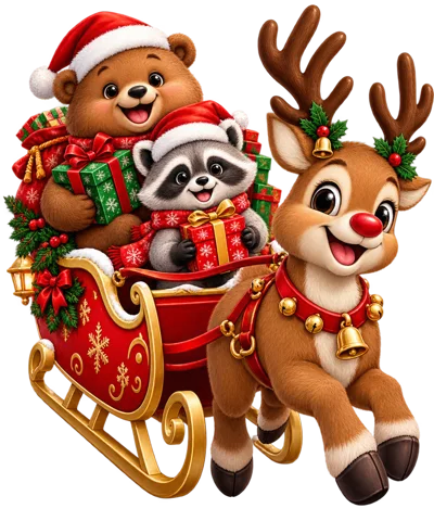 Cute Bear And Raccoon Riding A Christmas Sleigh