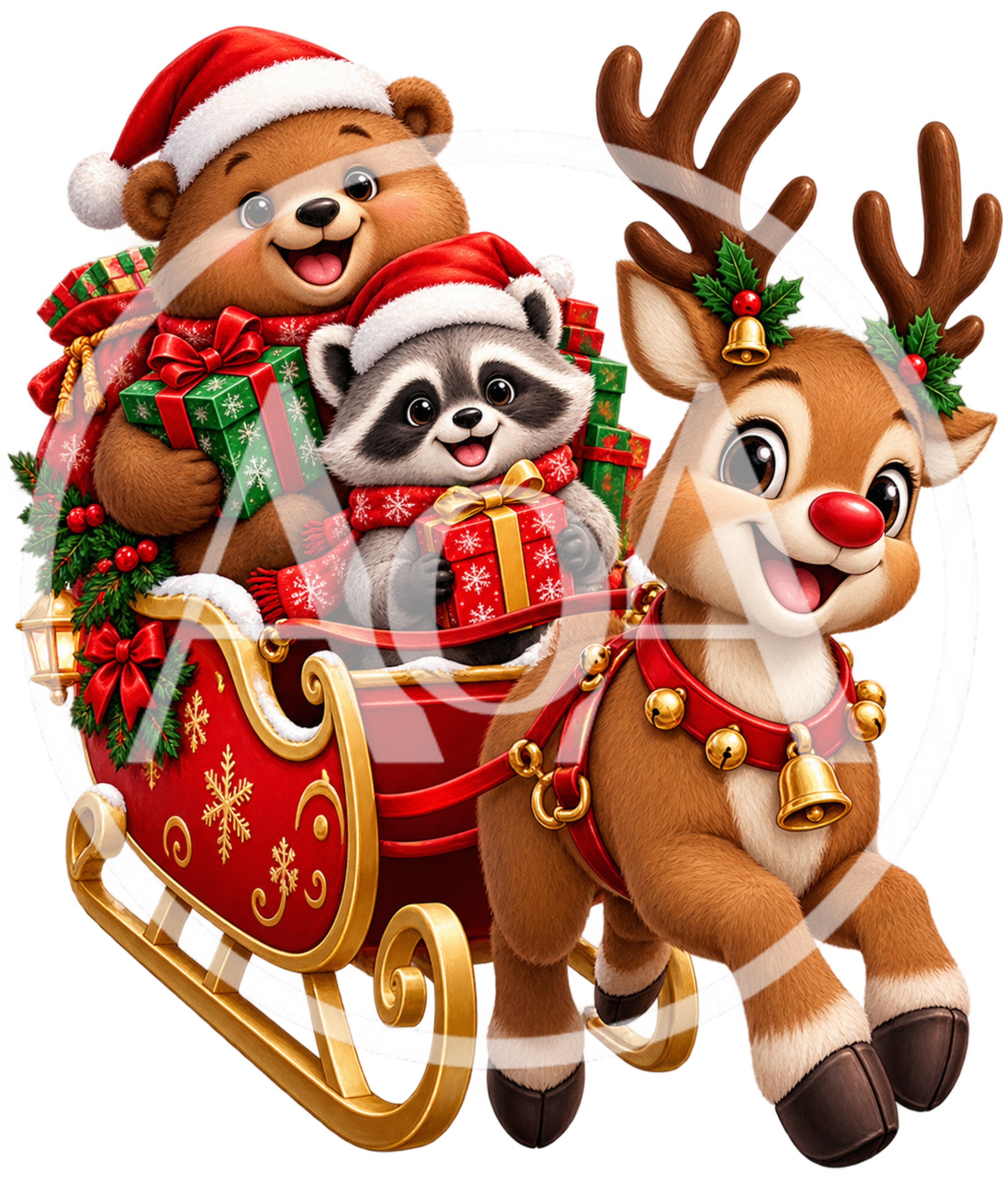 Cute Bear And Raccoon Riding A Christmas Sleigh