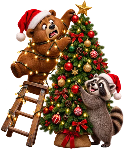 Cute Bear And Raccoon Decorating A Christmas Tree
