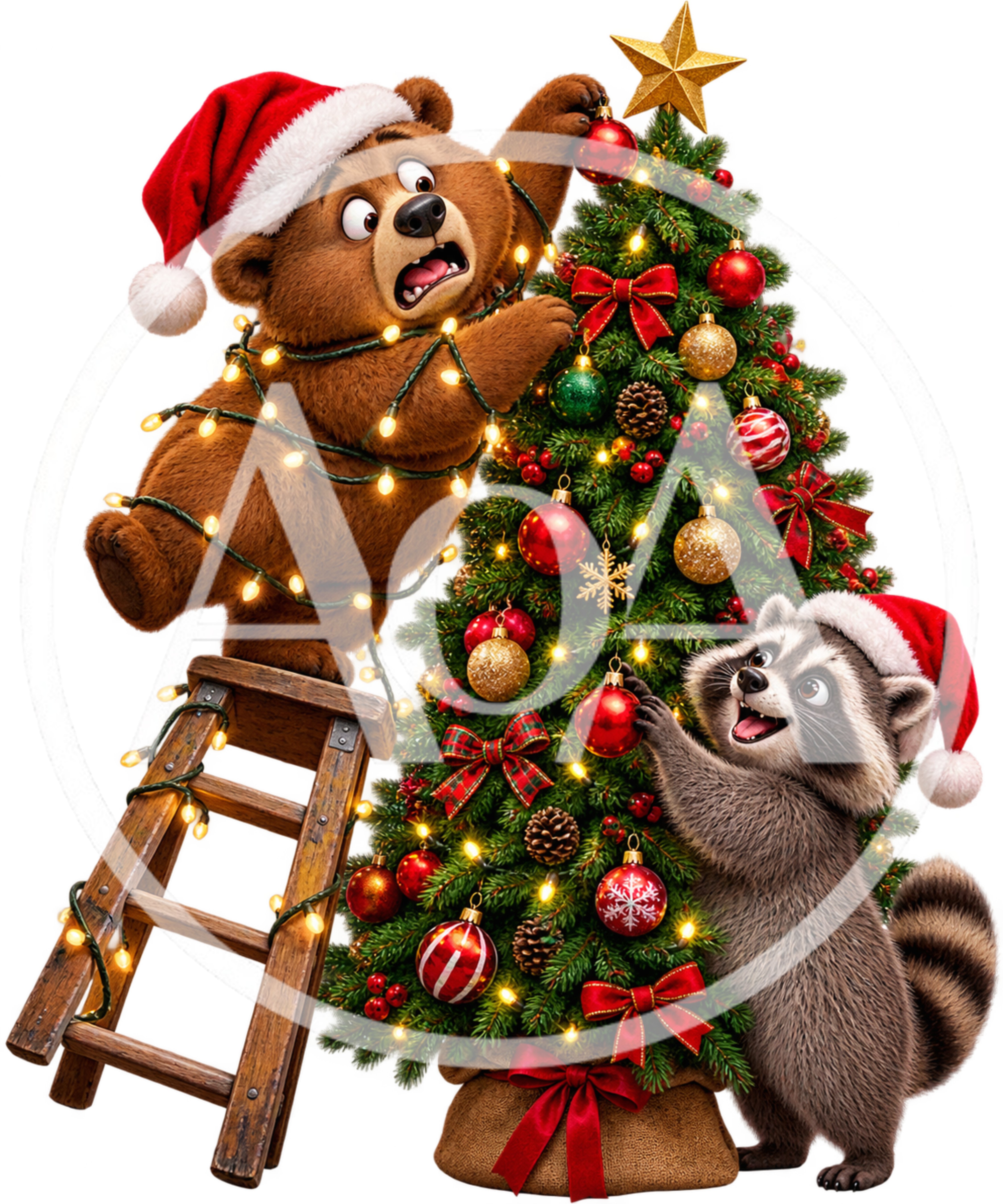 Cute Bear And Raccoon Decorating A Christmas Tree