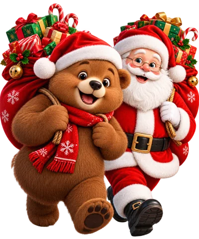 Santa Claus And Teddy Bear Carrying Christmas Gift Sack