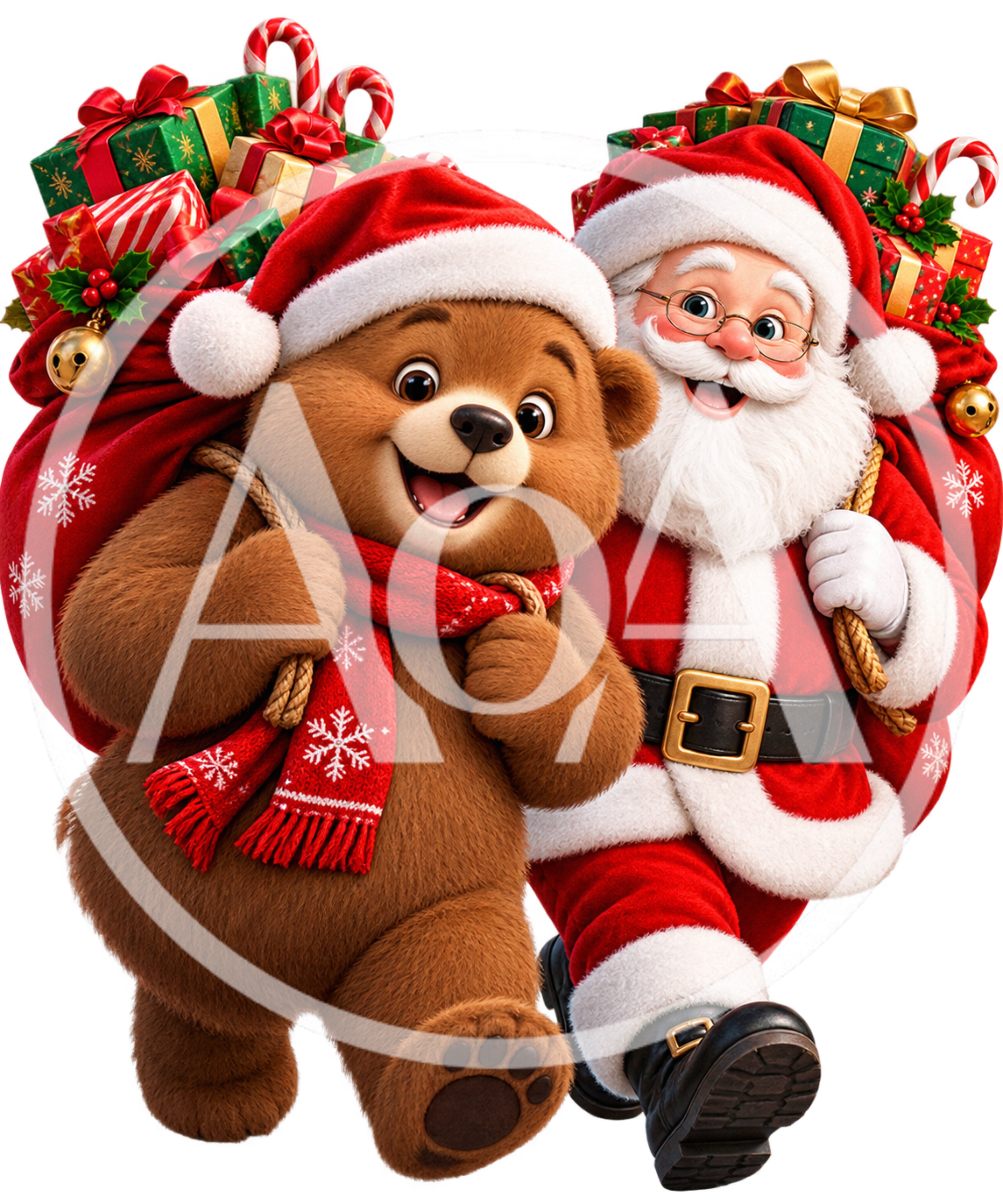 Santa Claus And Teddy Bear Carrying Christmas Gift Sack