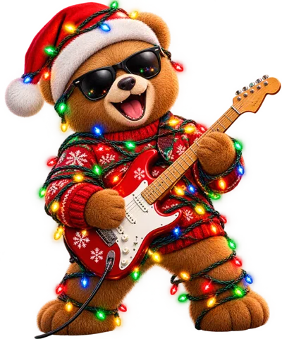 Cool Teddy Bear Playing Electric Guitar In Christmas Sweater