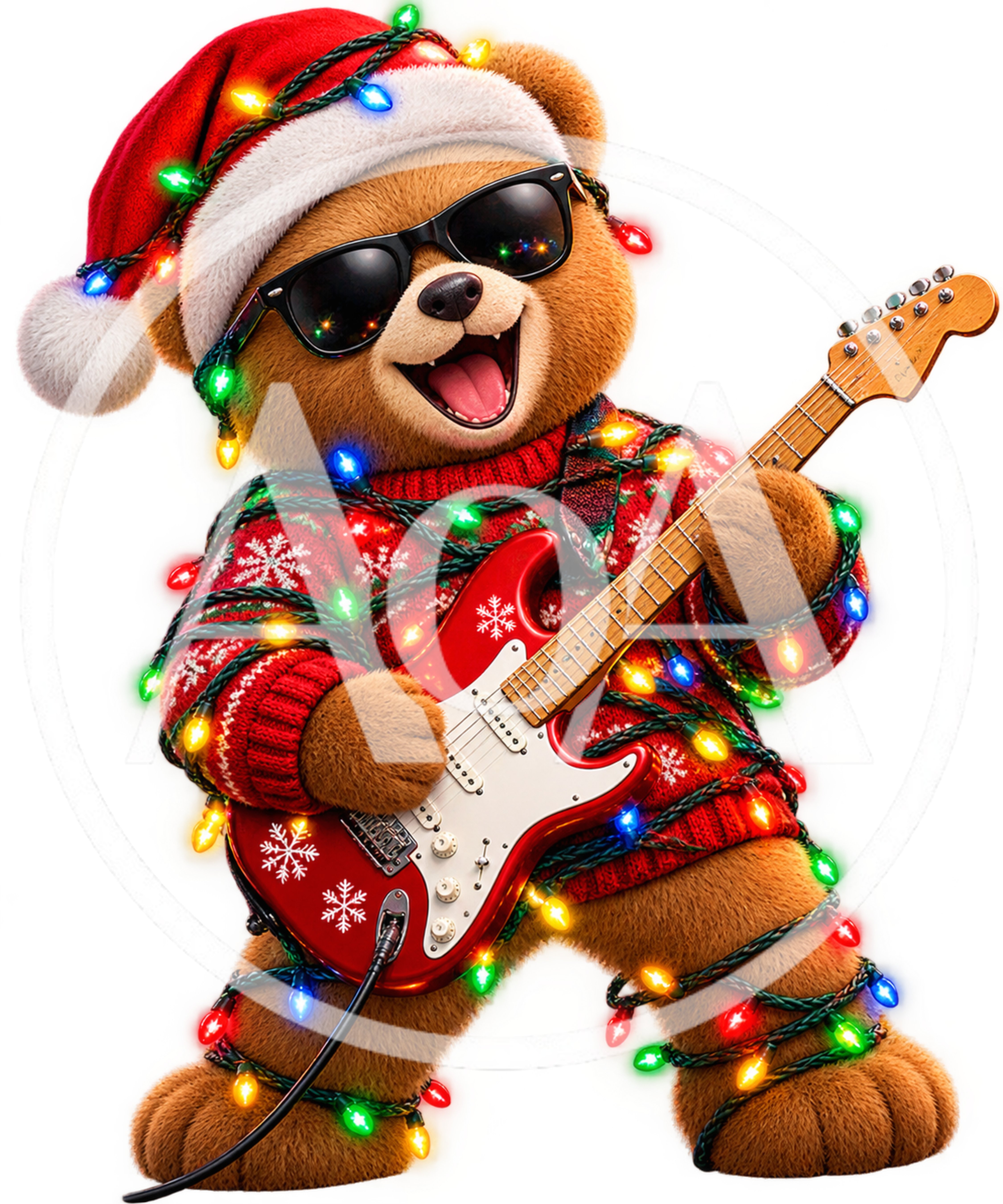 Cool Teddy Bear Playing Electric Guitar In Christmas Sweater