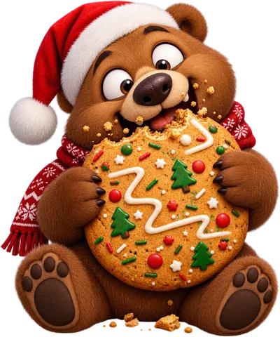 Cute Cartoon Bear Eating A Decorated Christmas Cookie