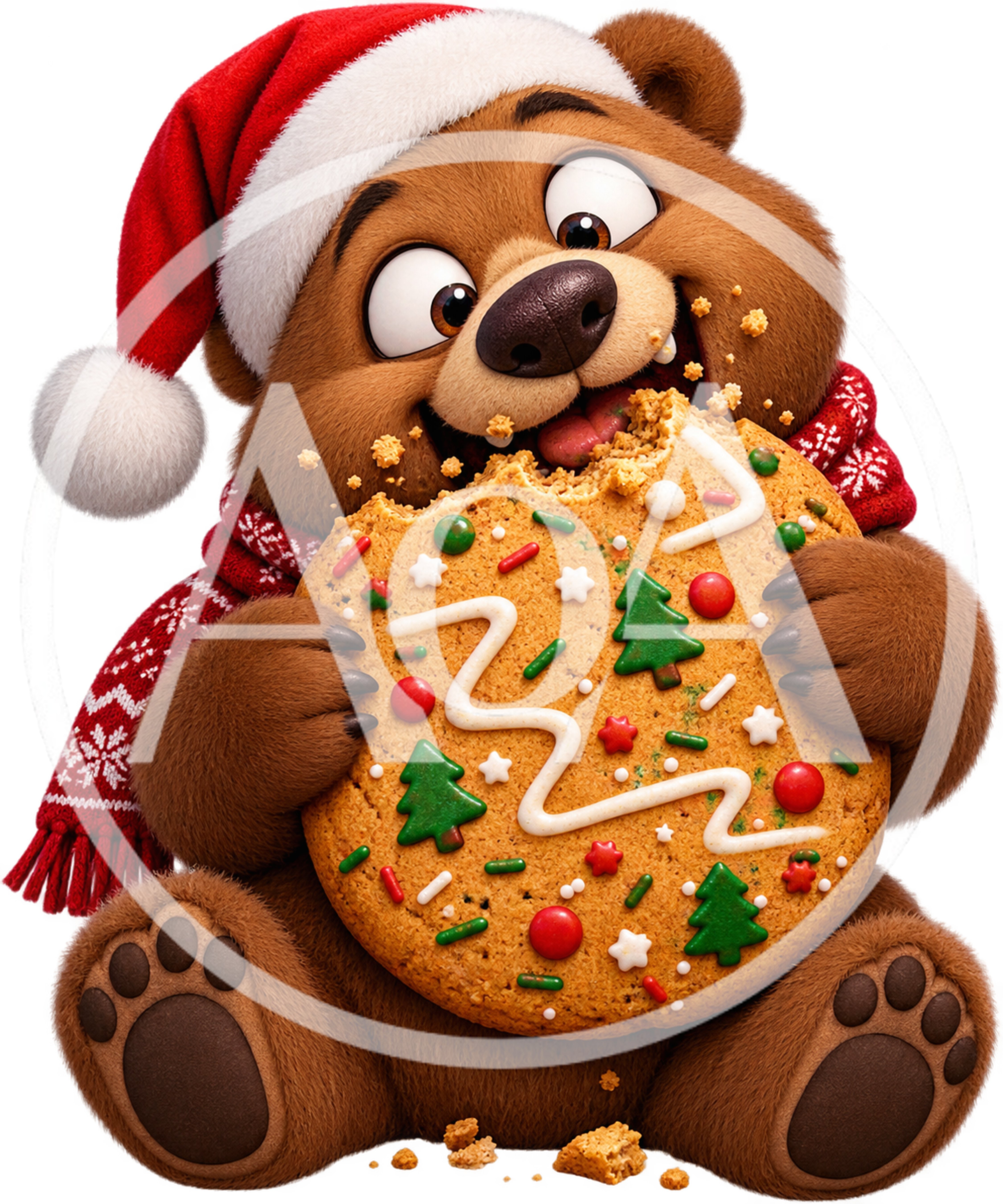 Cute Cartoon Bear Eating A Decorated Christmas Cookie