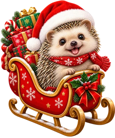 Cute Hedgehog Sitting In A Festive Christmas Sleigh