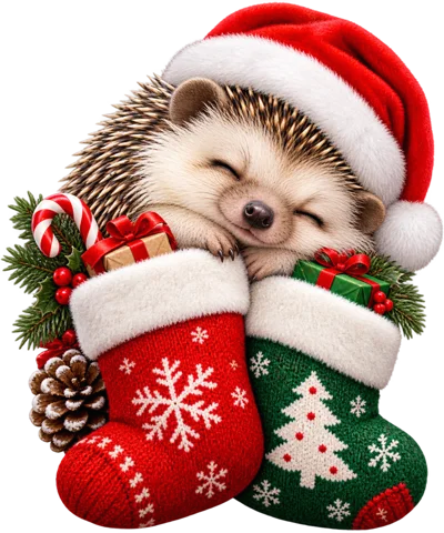 Cute Hedgehog Wearing Santa Hat In Christmas Stockings