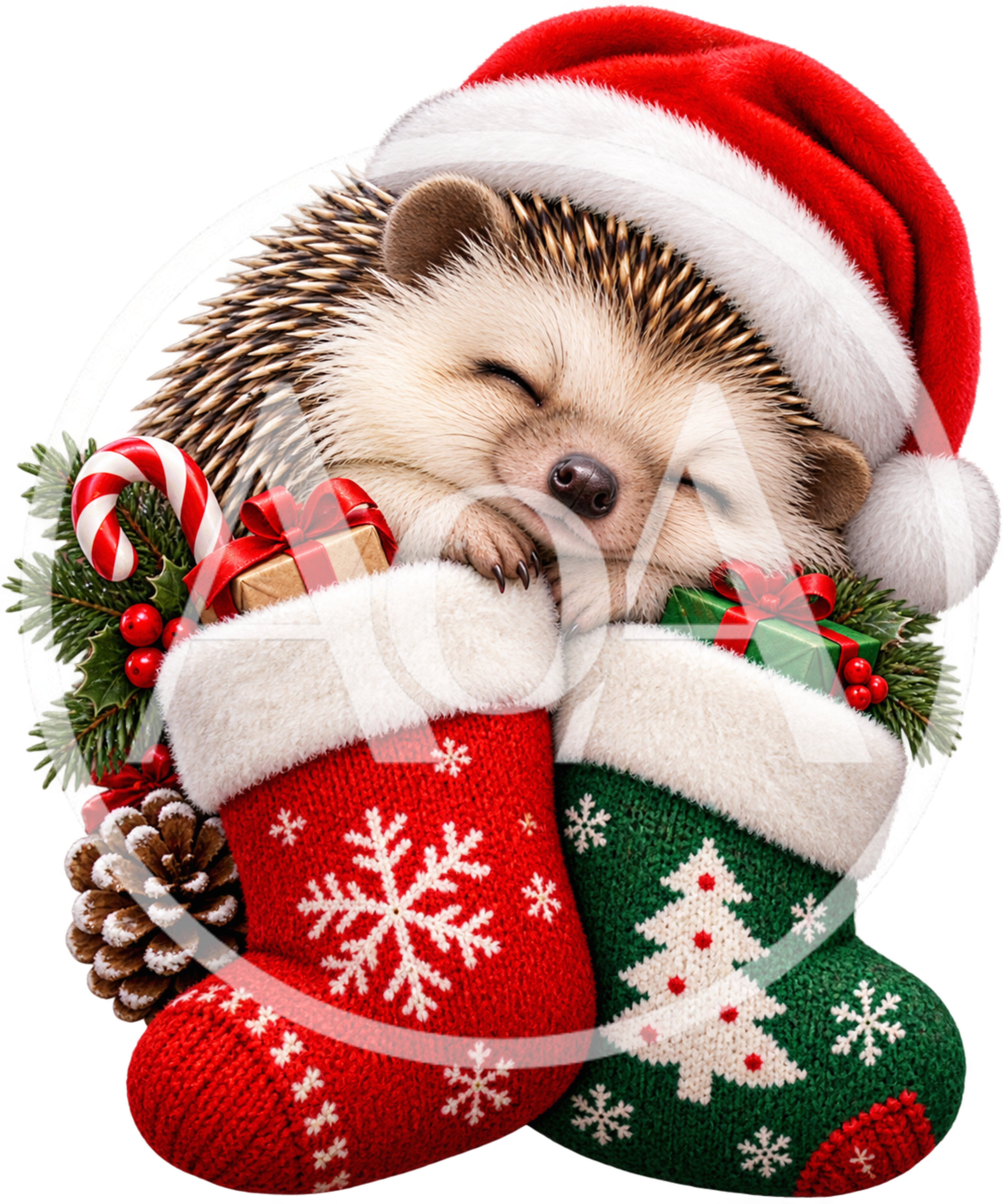 Cute Hedgehog Wearing Santa Hat In Christmas Stockings