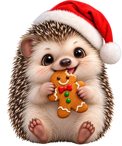 Cute Hedgehog Wearing Santa Hat Eating Gingerbread Man