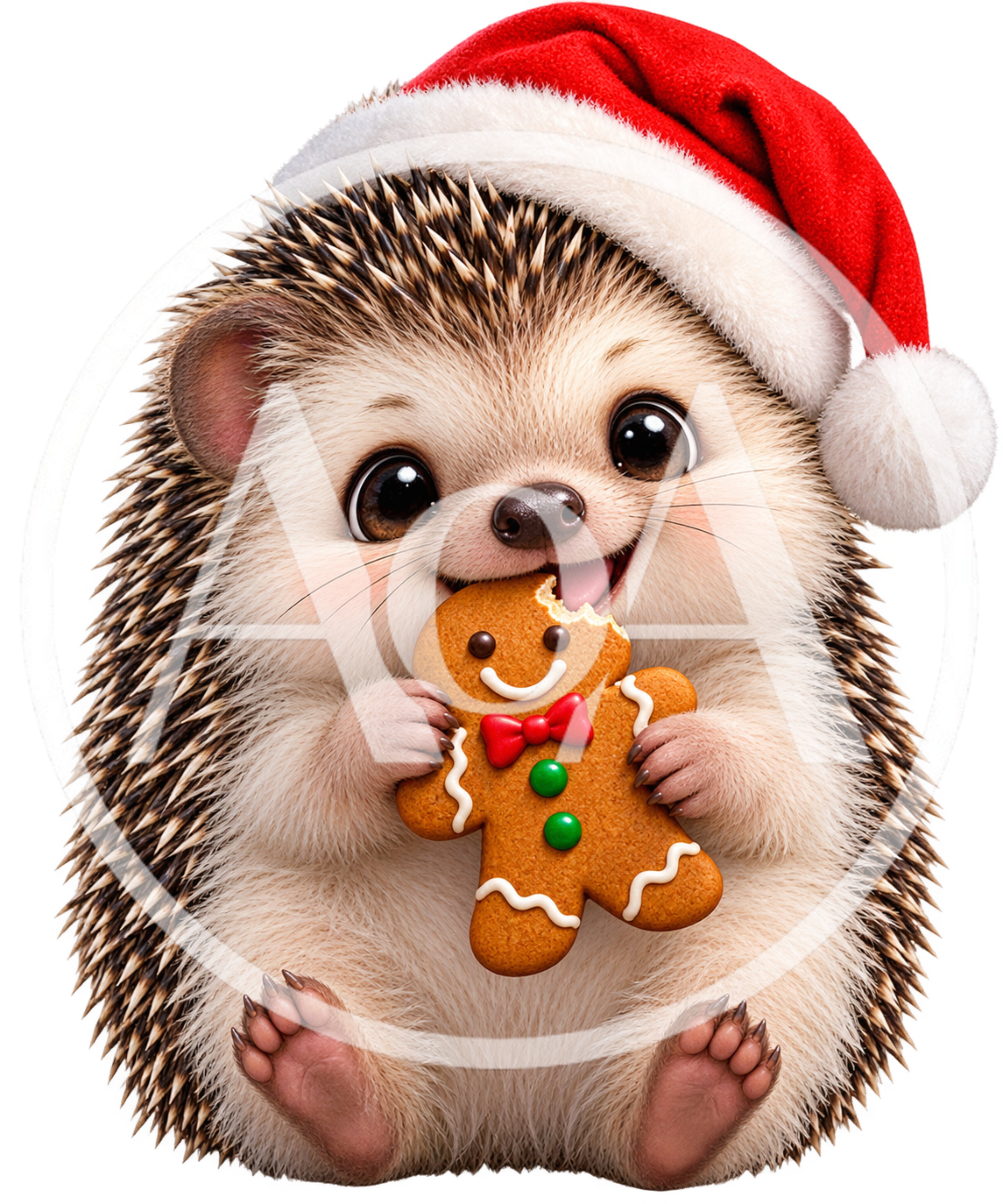 Cute Hedgehog Wearing Santa Hat Eating Gingerbread Man