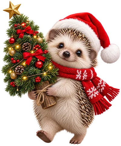 Cute Hedgehog Wearing Santa Hat Holding Christmas Tree
