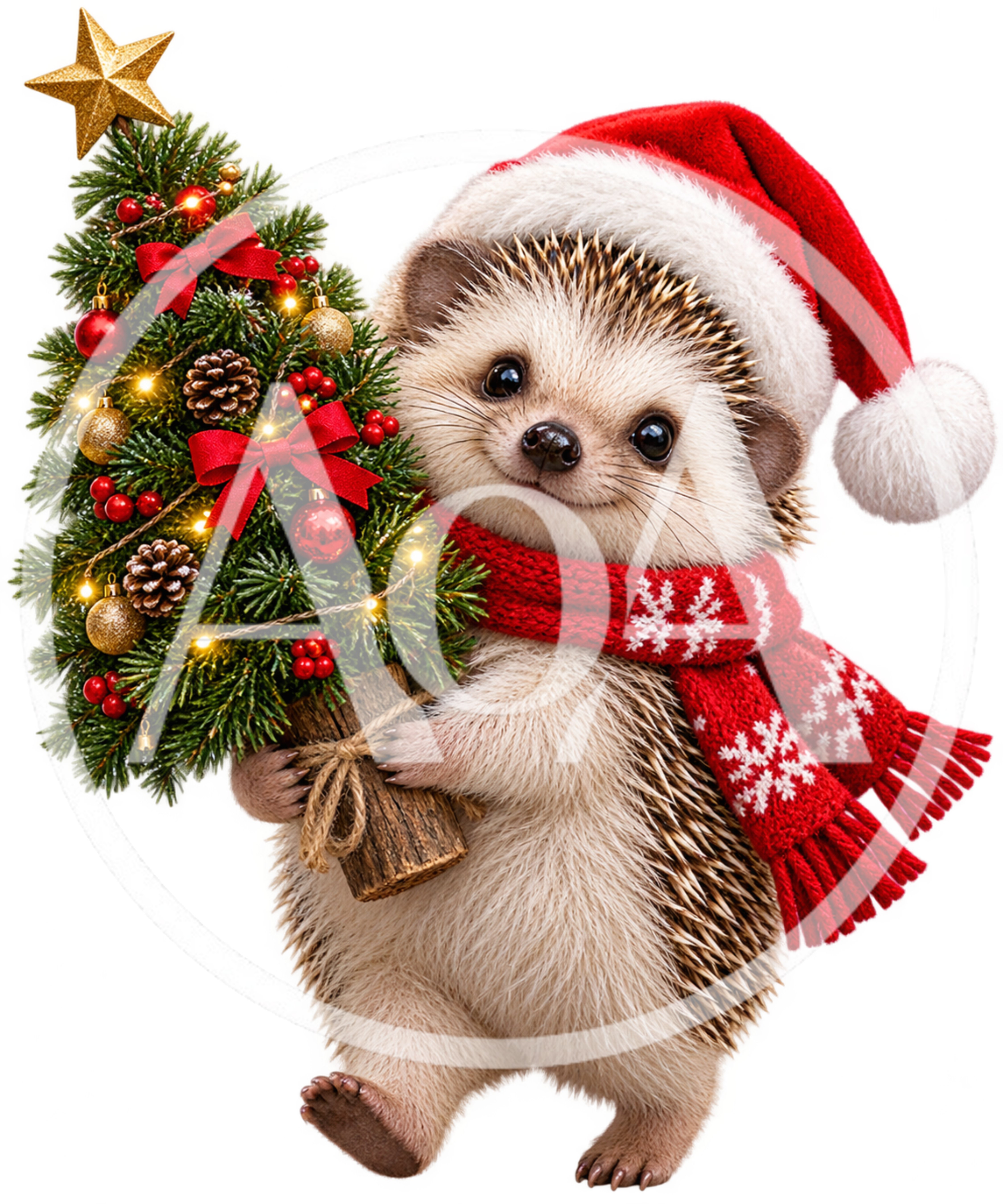 Cute Hedgehog Wearing Santa Hat Holding Christmas Tree