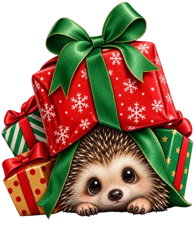Cute Hedgehog Peeking Out From Under Christmas Presents