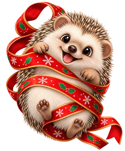 Cute Hedgehog Wrapped In Festive Christmas Ribbon