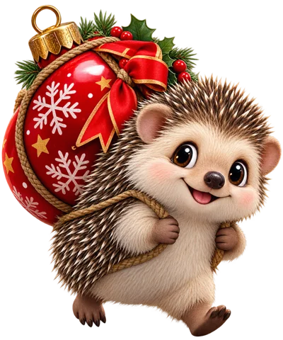 Cute Hedgehog Carrying A Large Red Christmas Ornament