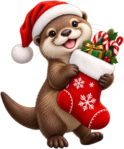 Cute Otter Wearing Santa Hat Holding Christmas Stocking