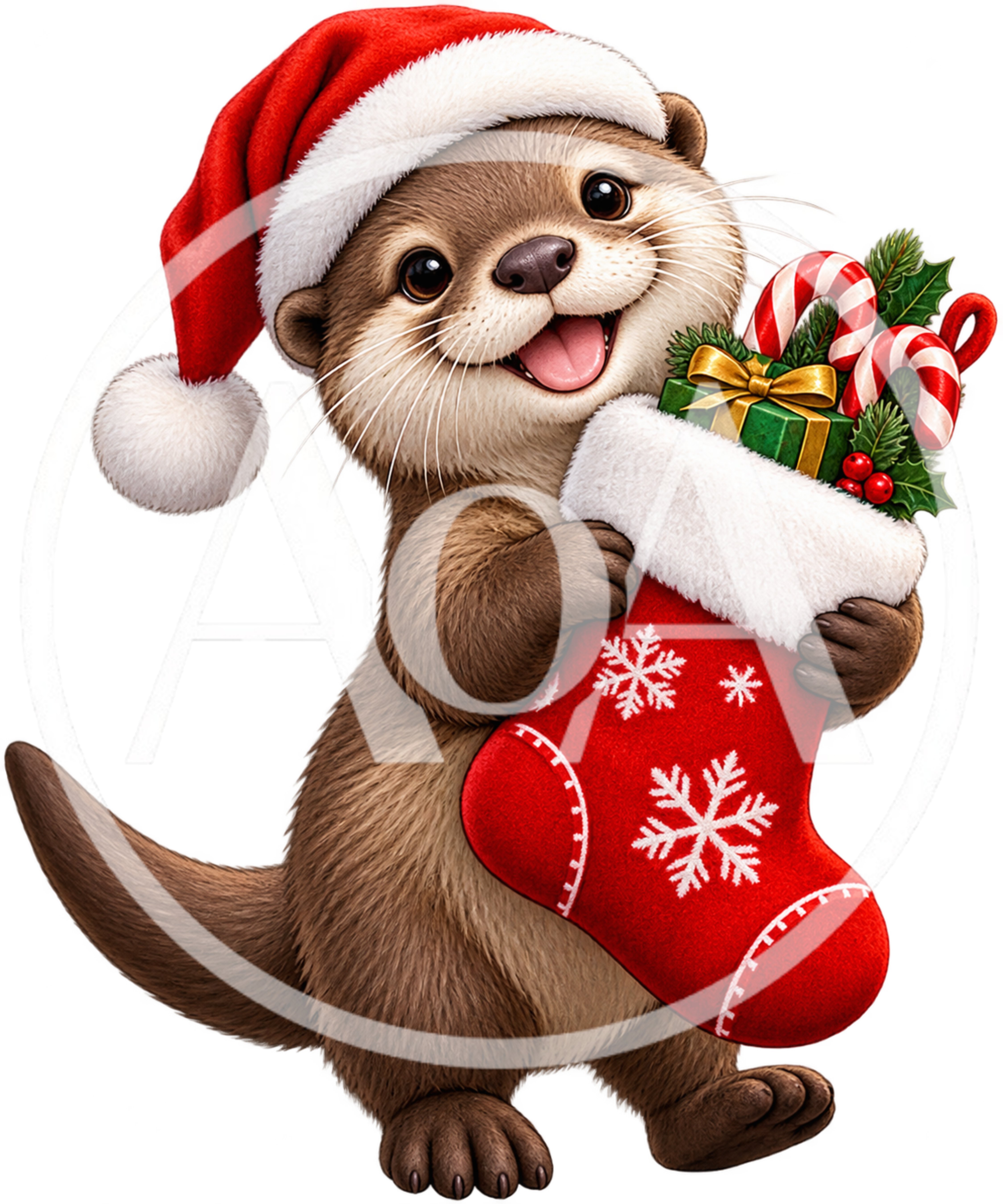 Cute Otter Wearing Santa Hat Holding Christmas Stocking