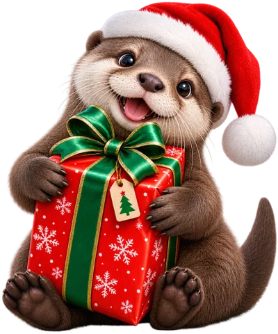 Cute Otter Wearing Santa Hat Holding Christmas Gift