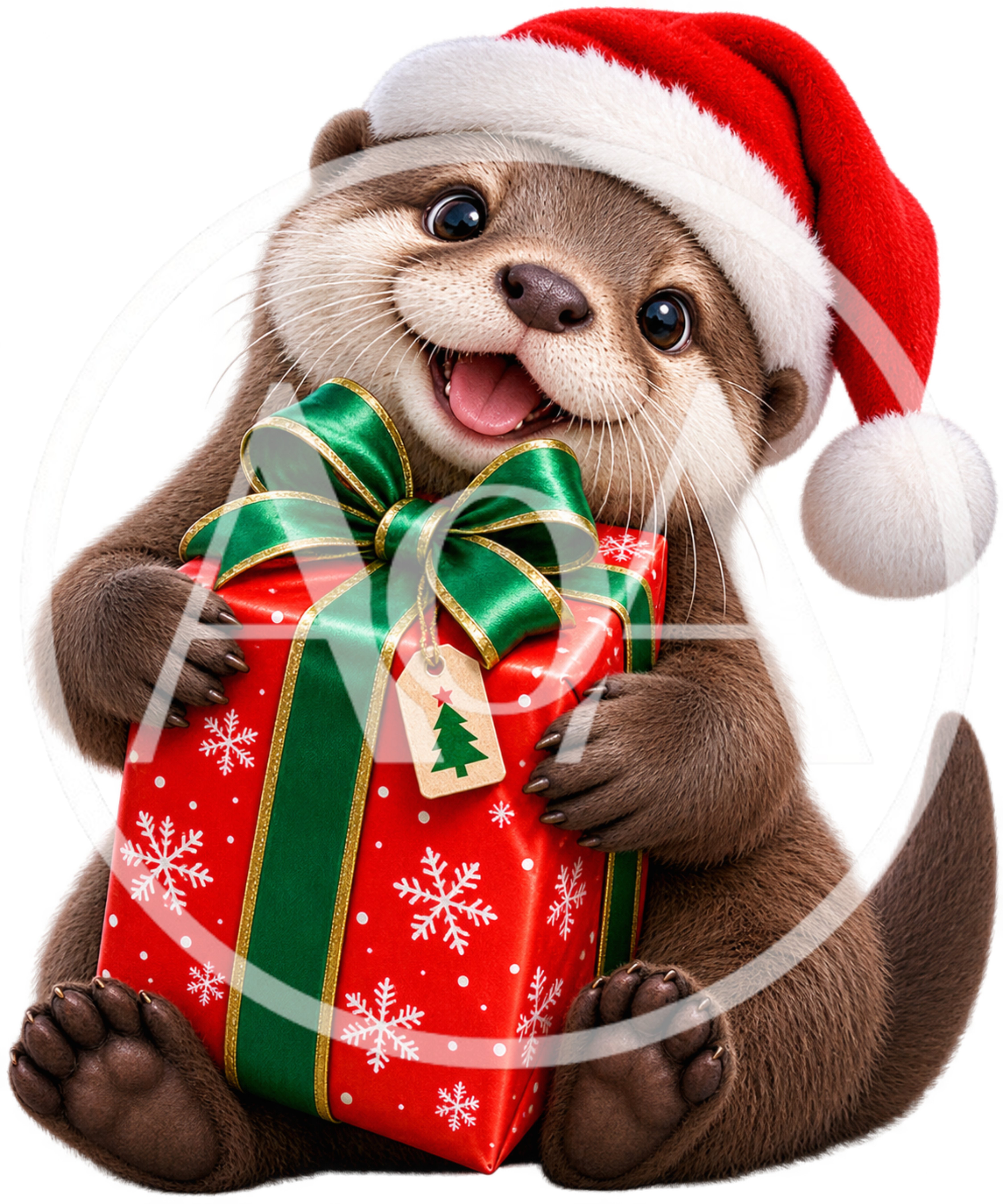 Cute Otter Wearing Santa Hat Holding Christmas Gift