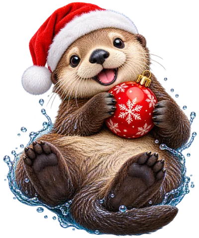 Cute Otter Wearing Santa Hat Holding Christmas Ornament