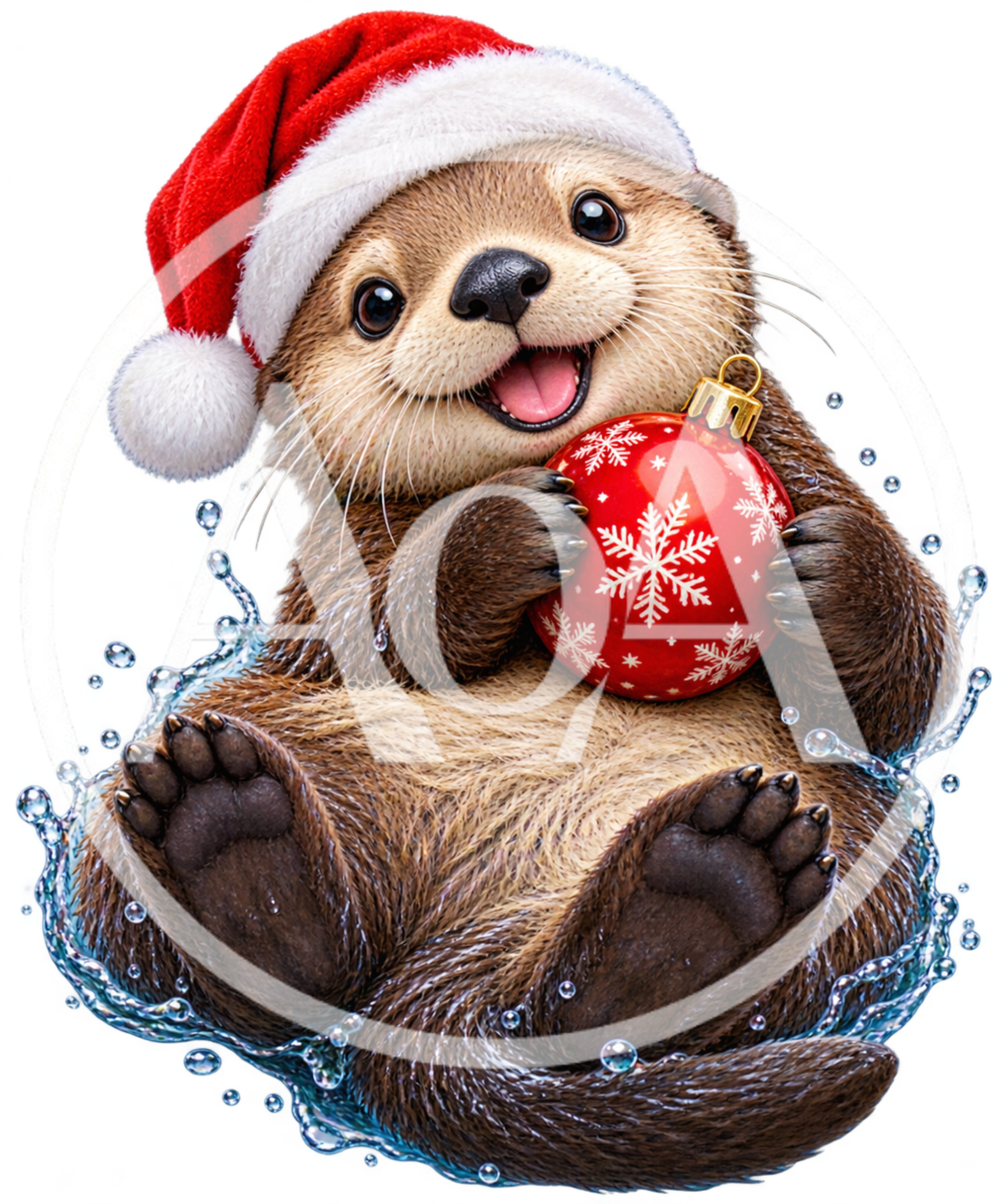 Cute Otter Wearing Santa Hat Holding Christmas Ornament