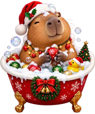 Cute Capybara Relaxing In A Festive Christmas Bathtub