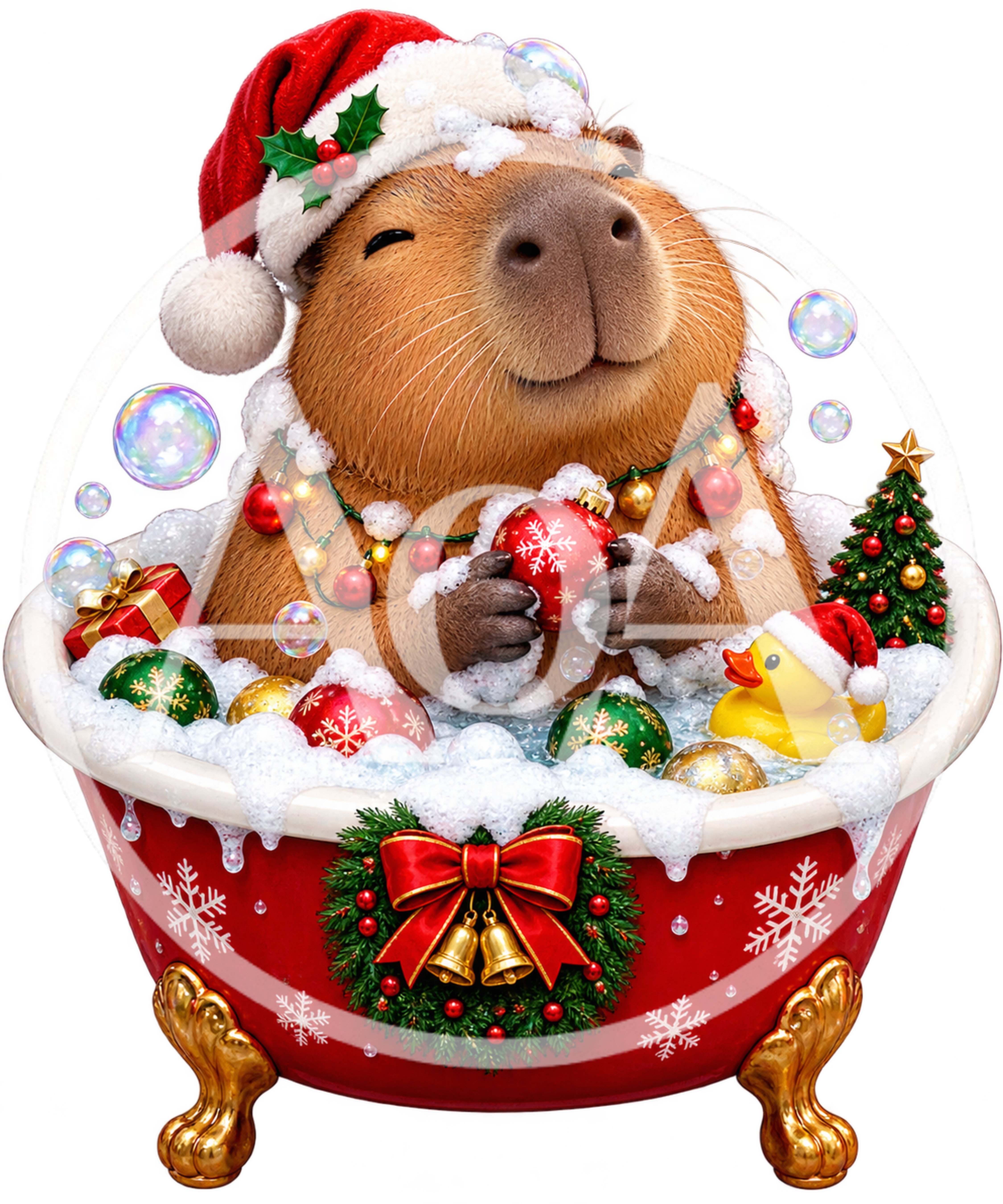 Cute Capybara Relaxing In A Festive Christmas Bathtub