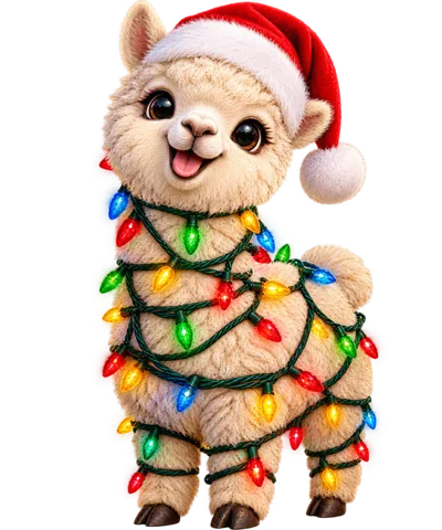 Cute Fluffy Llama Wearing A Santa Hat With Christmas Lights