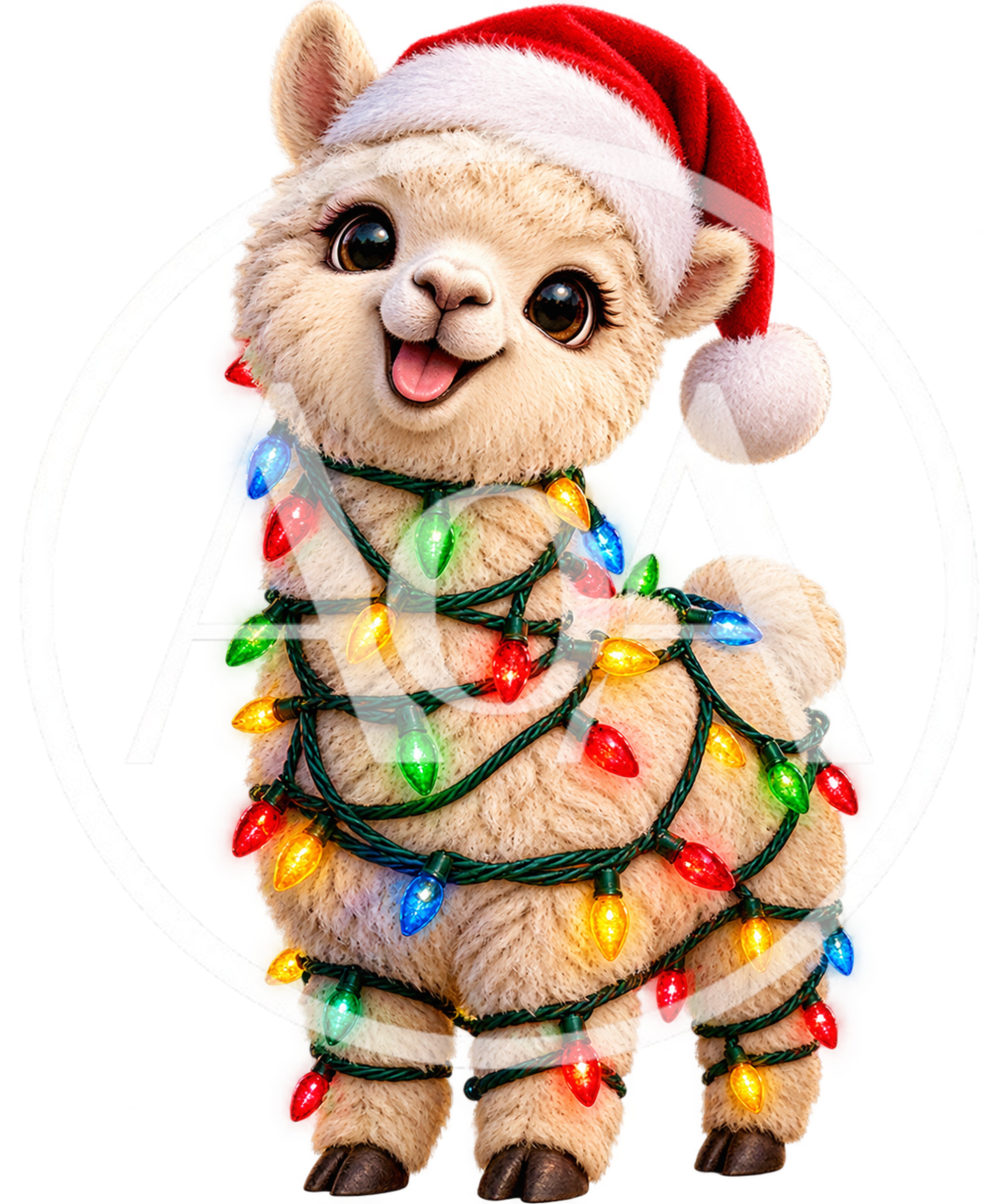 Cute Fluffy Llama Wearing A Santa Hat With Christmas Lights