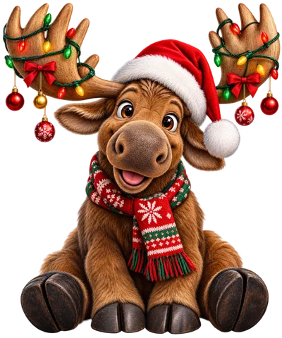 Cute Cartoon Moose Wearing Christmas Hat And Scarf