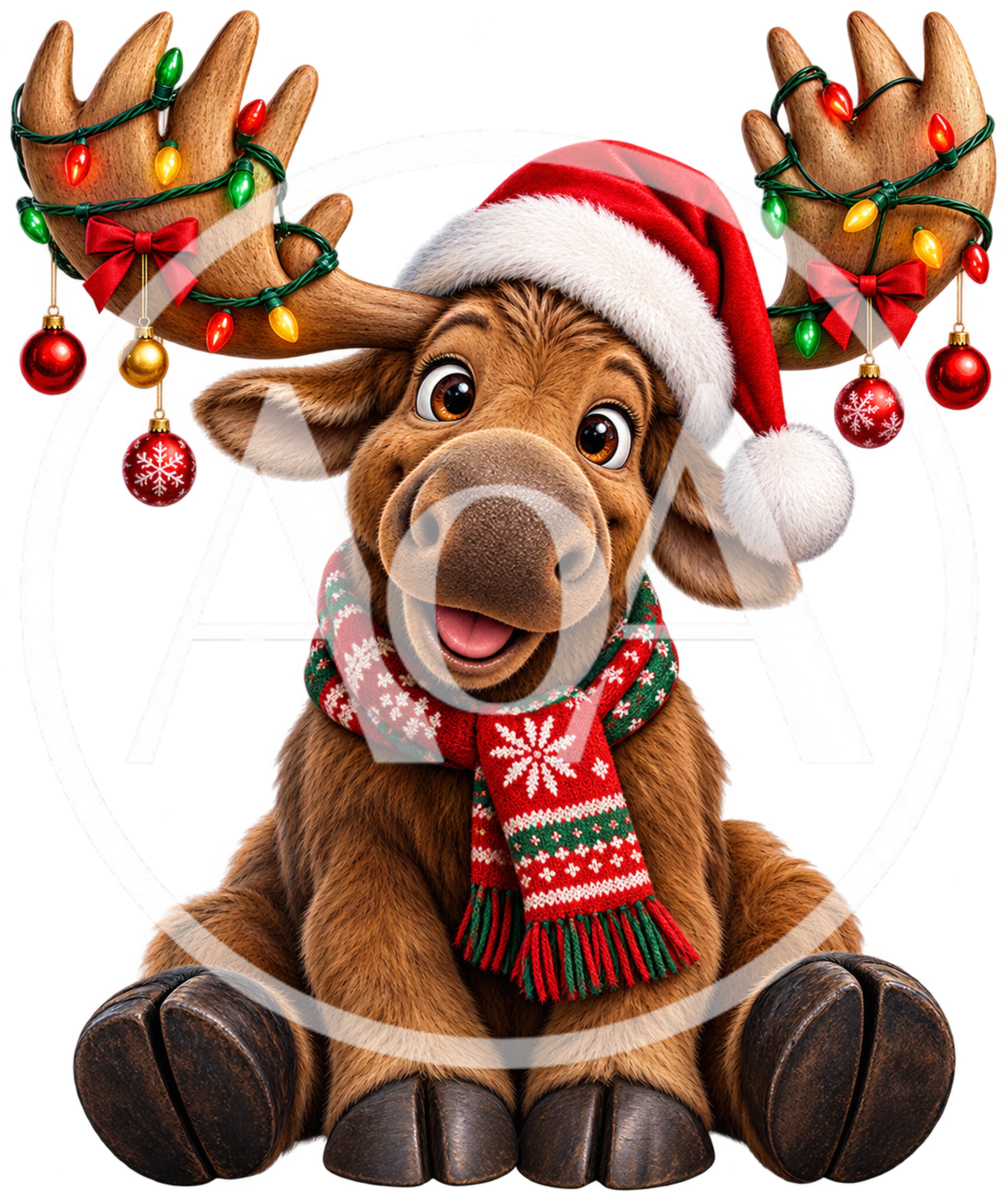 Cute Cartoon Moose Wearing Christmas Hat And Scarf