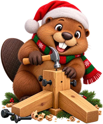 Cute Cartoon Beaver Building A Christmas Tree Stand