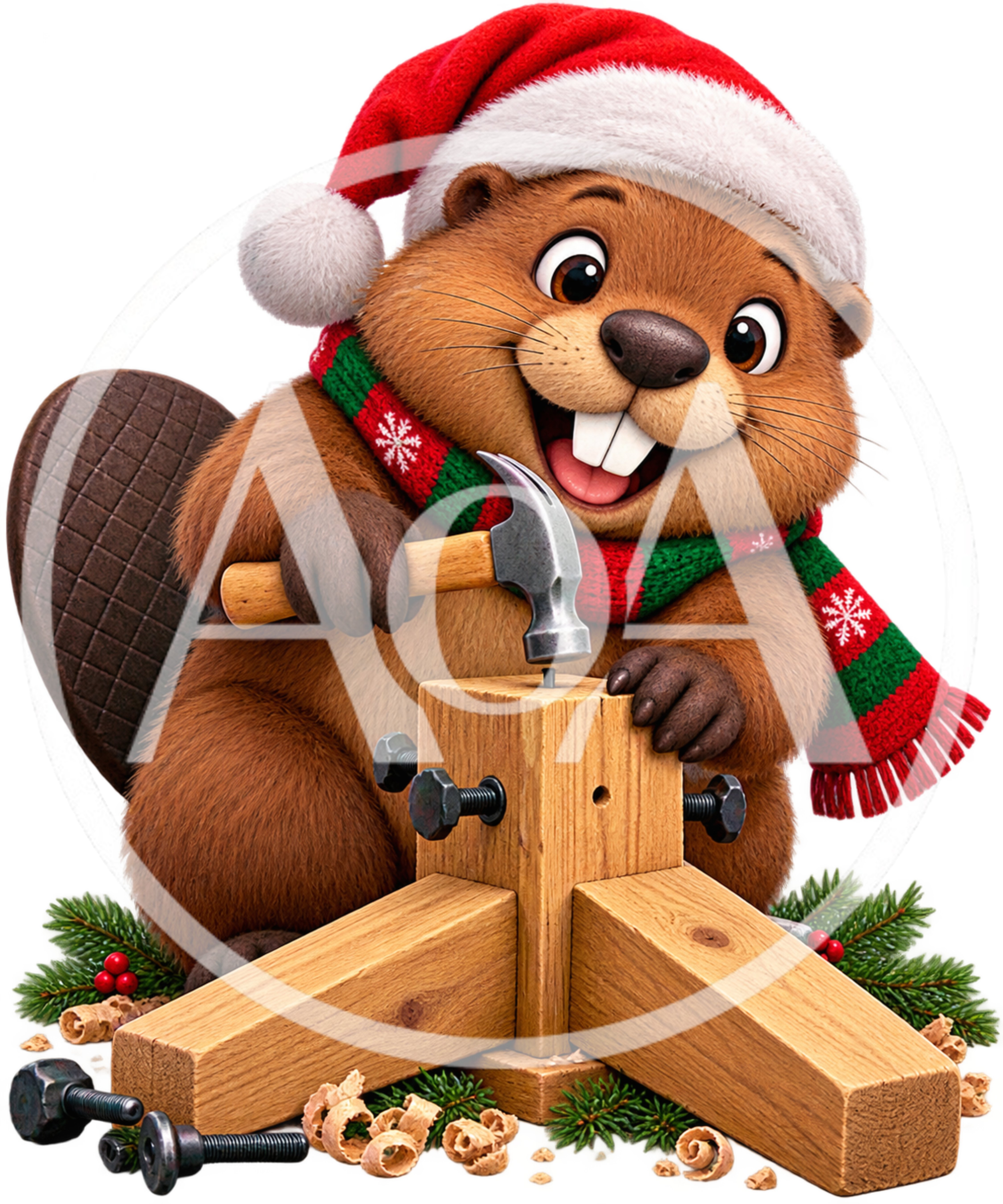 Cute Cartoon Beaver Building A Christmas Tree Stand