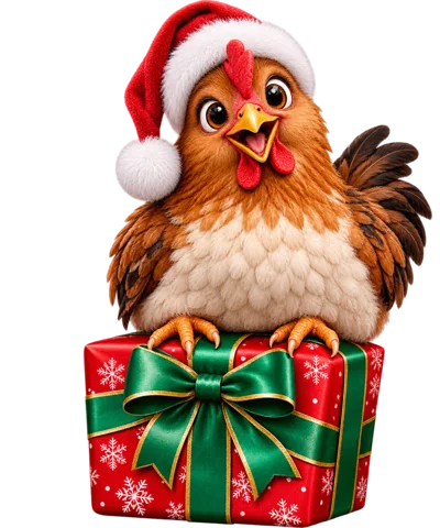 Cute Cartoon Chicken Wearing Santa Hat Sitting On Gift