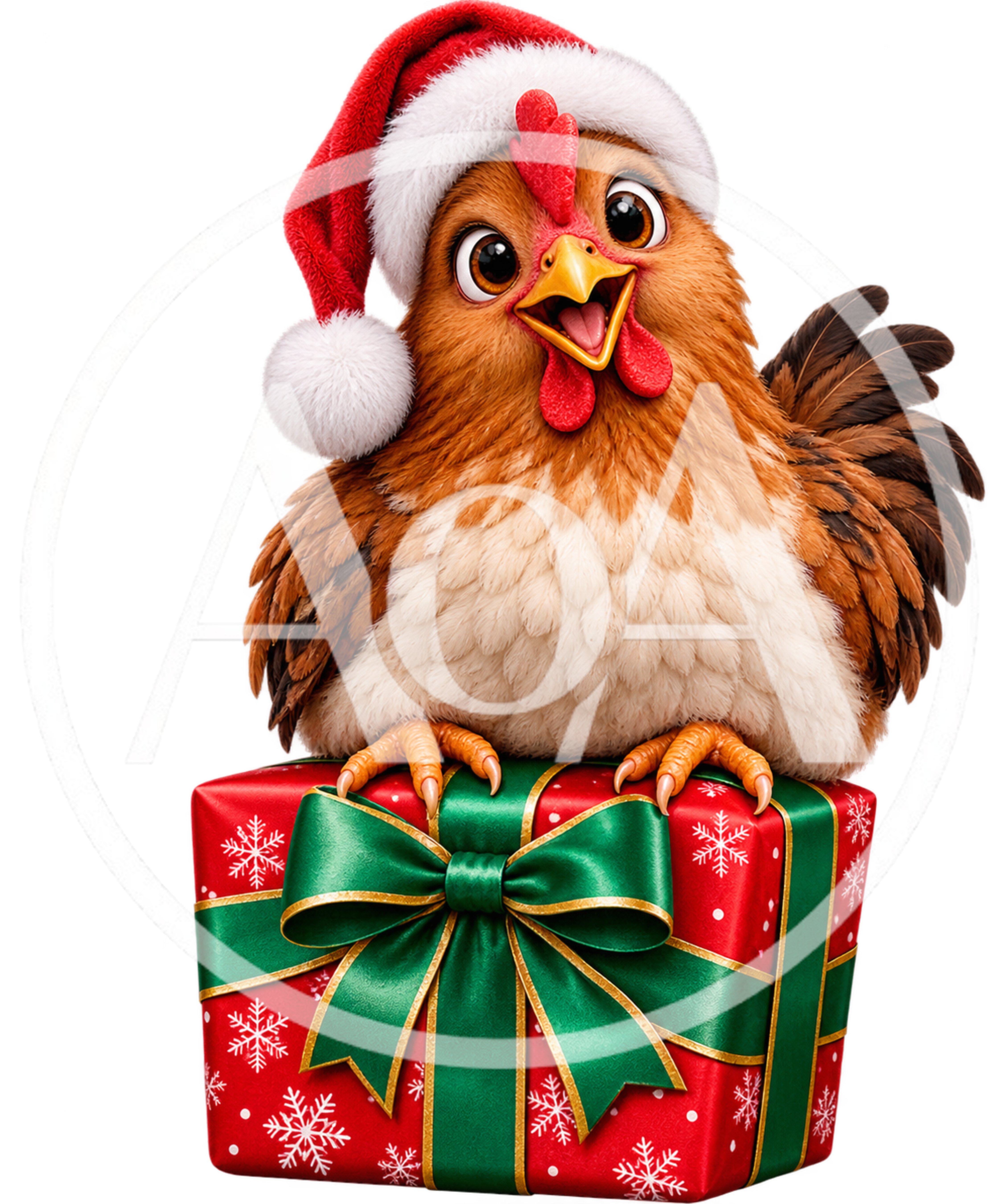 Cute Cartoon Chicken Wearing Santa Hat Sitting On Gift