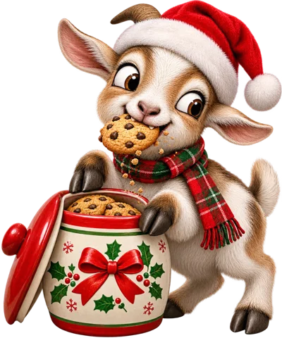 Cute Baby Goat Wearing Santa Hat Eating Christmas Cookies