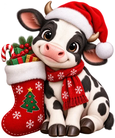 Cute Cartoon Cow Wearing Santa Hat And Scarf
